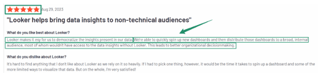 User review highlighting Looker’s ability to make data insights accessible for non-technical users
