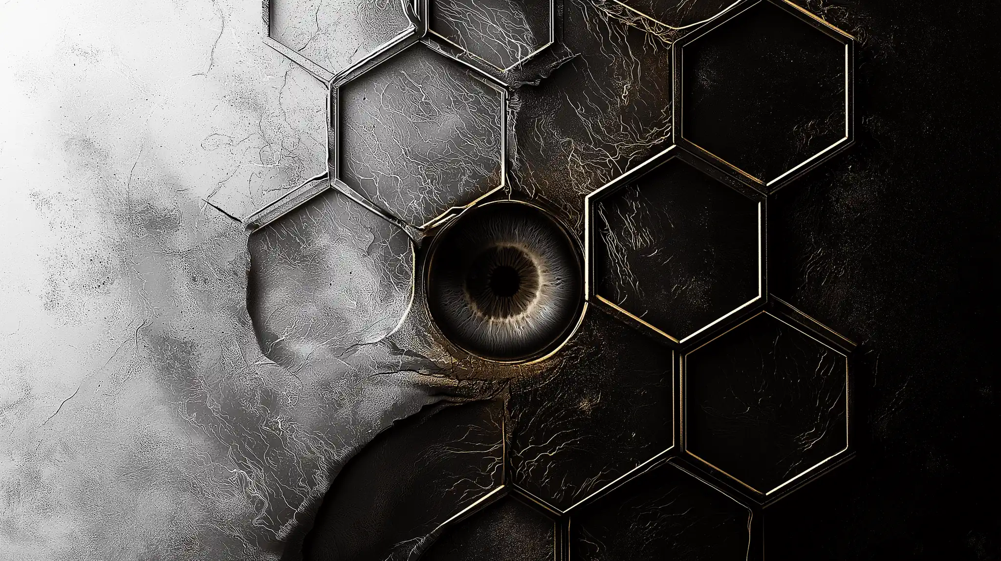 Gold-edged hexagons closing in around a single dark polished sphere.