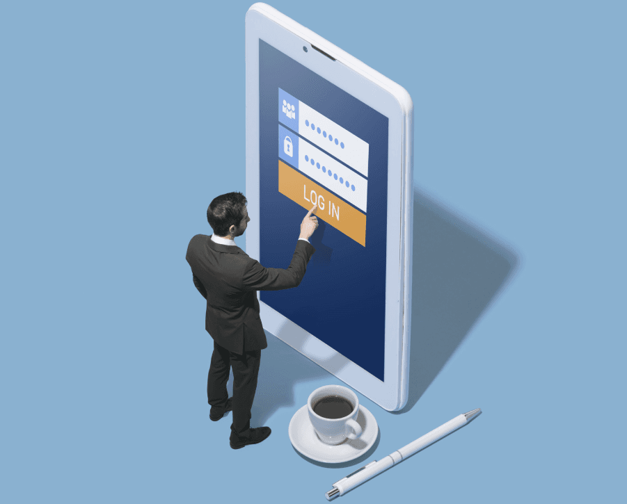 Illustration of a facilities manager interacting with a mobile CMMS login interface