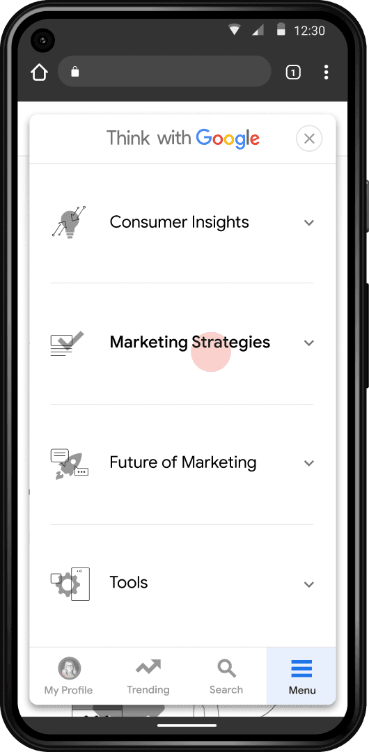 Mobile screen display of the Think with Google home page