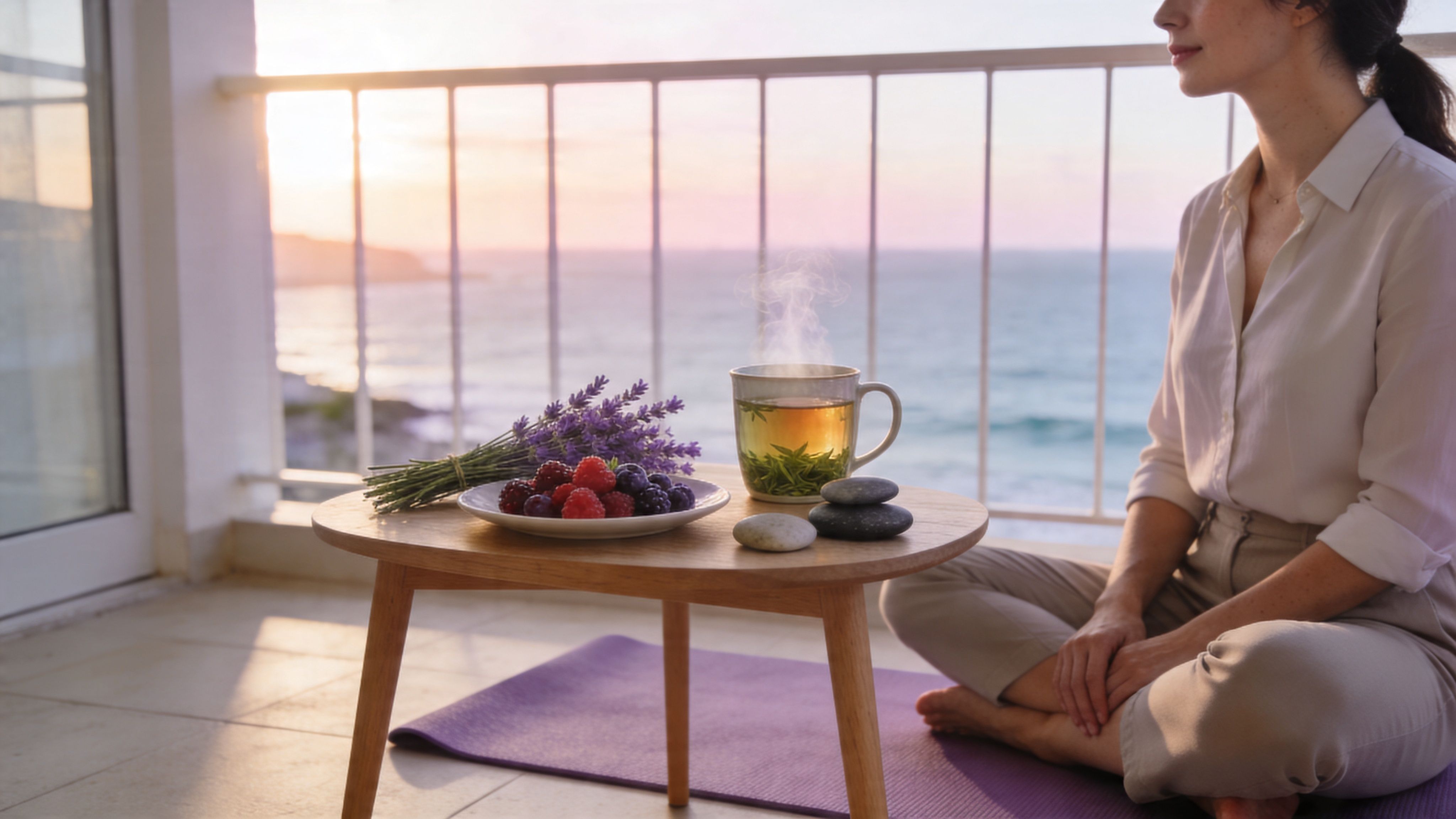 A woman sitting at a small table, relaxing