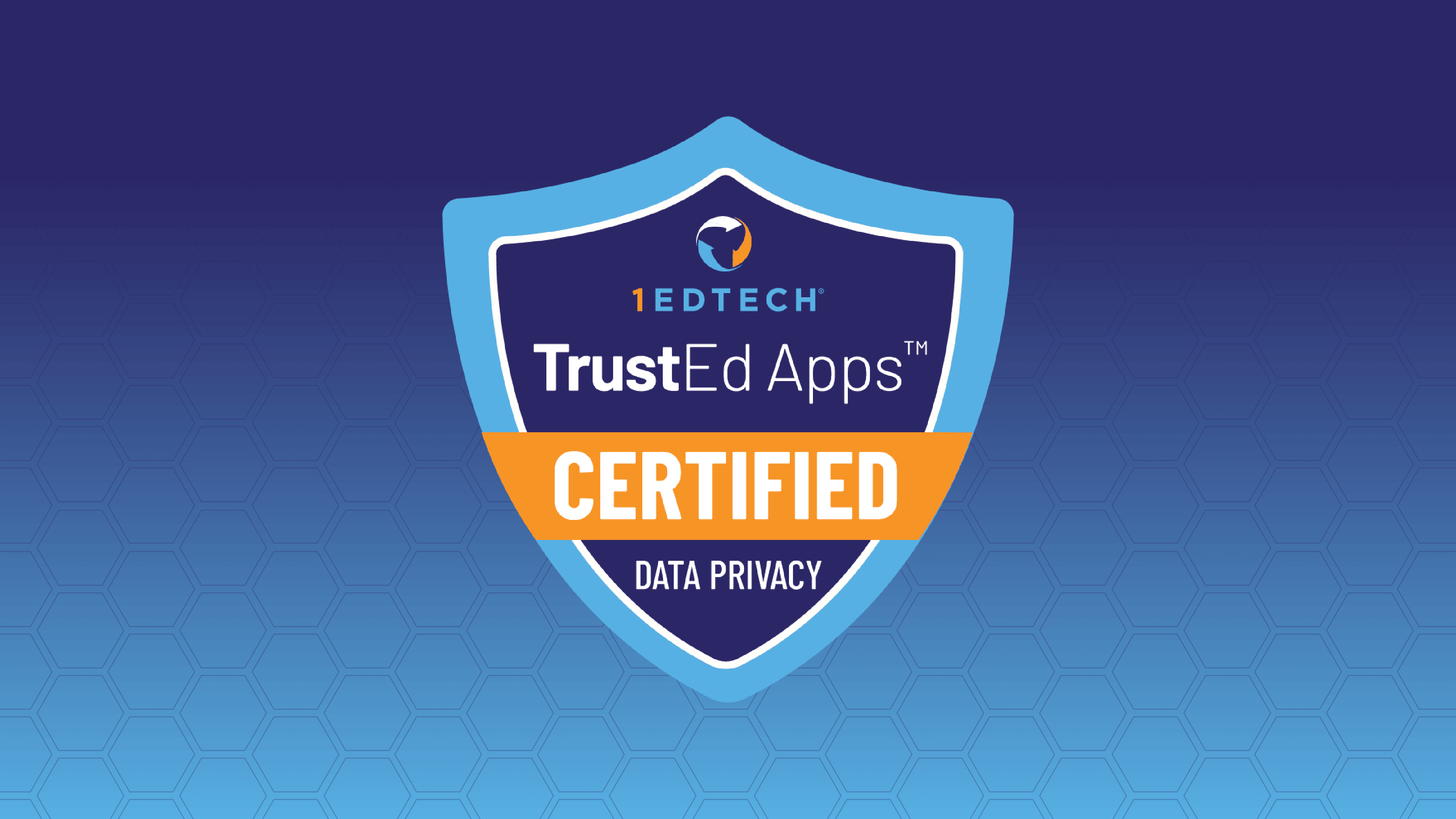 Blue gradient backgroun with a blue and purple badge with the words "1EdTech TrustEd Apps Certified" on it