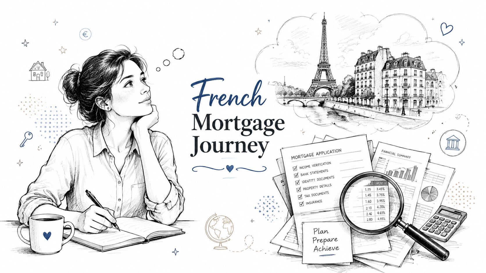 A woman sketching and planning her French mortgage journey with financial documents and a magnifying glass.