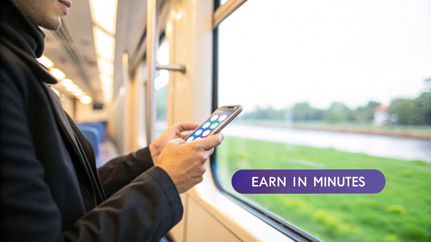 A person on a train uses a smartphone, looking at app icons, with a river and green landscape outside the window, showing quick online earning.