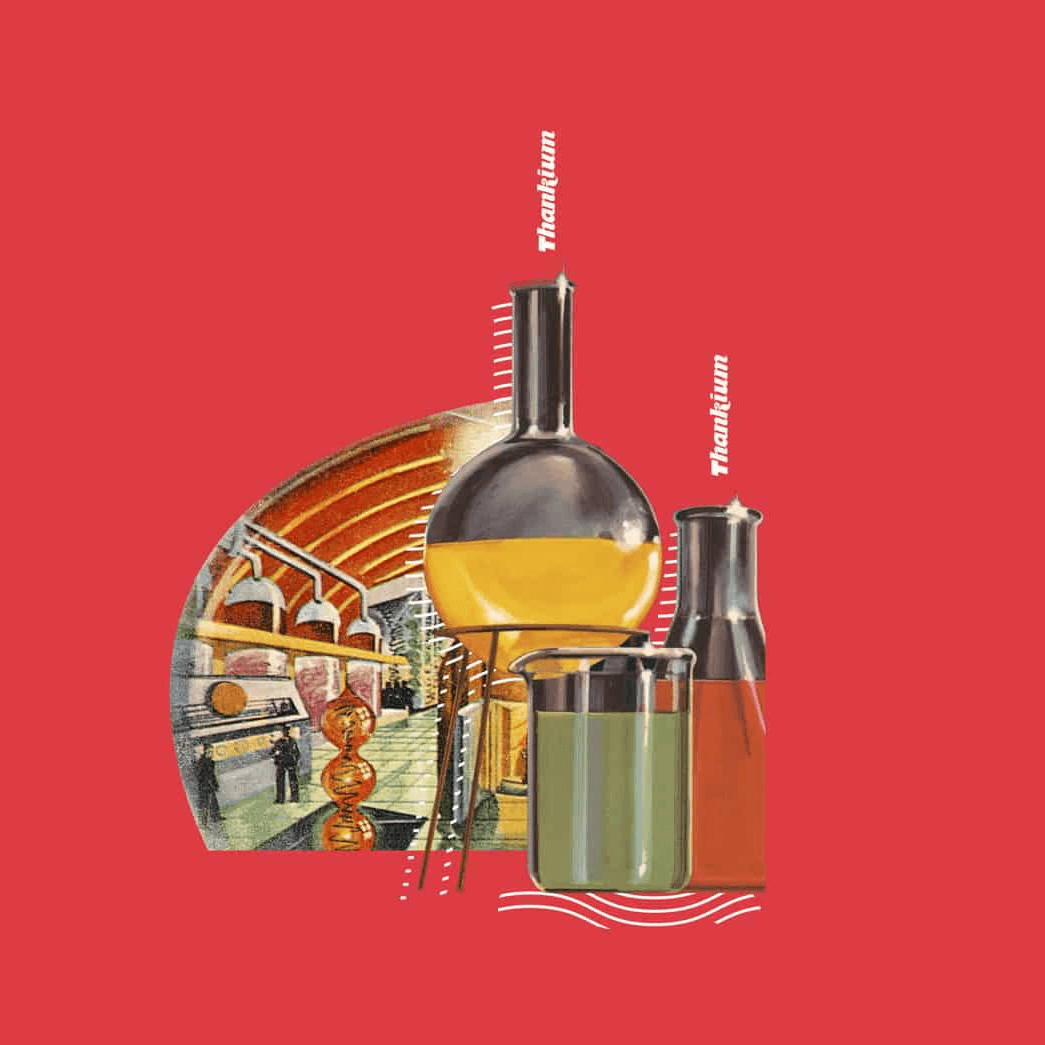 Ilustración artística de frascos de laboratorio sobre fondo rojo.