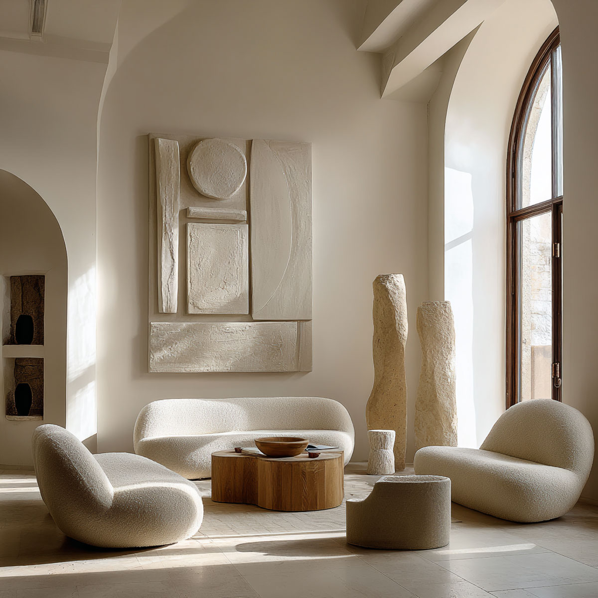 Ein modernes, minimalistisches Wohnzimmer mit geschwungenen, cremefarbenen Möbeln, einem niedrigen Couchtisch aus Holz, abstrakter Wandkunst, steinartigen Skulpturen und einem hohen Bogenfenster, das natürliches Licht hereinlässt – eingefangen in einer atemberaubenden 3D-Darstellung.