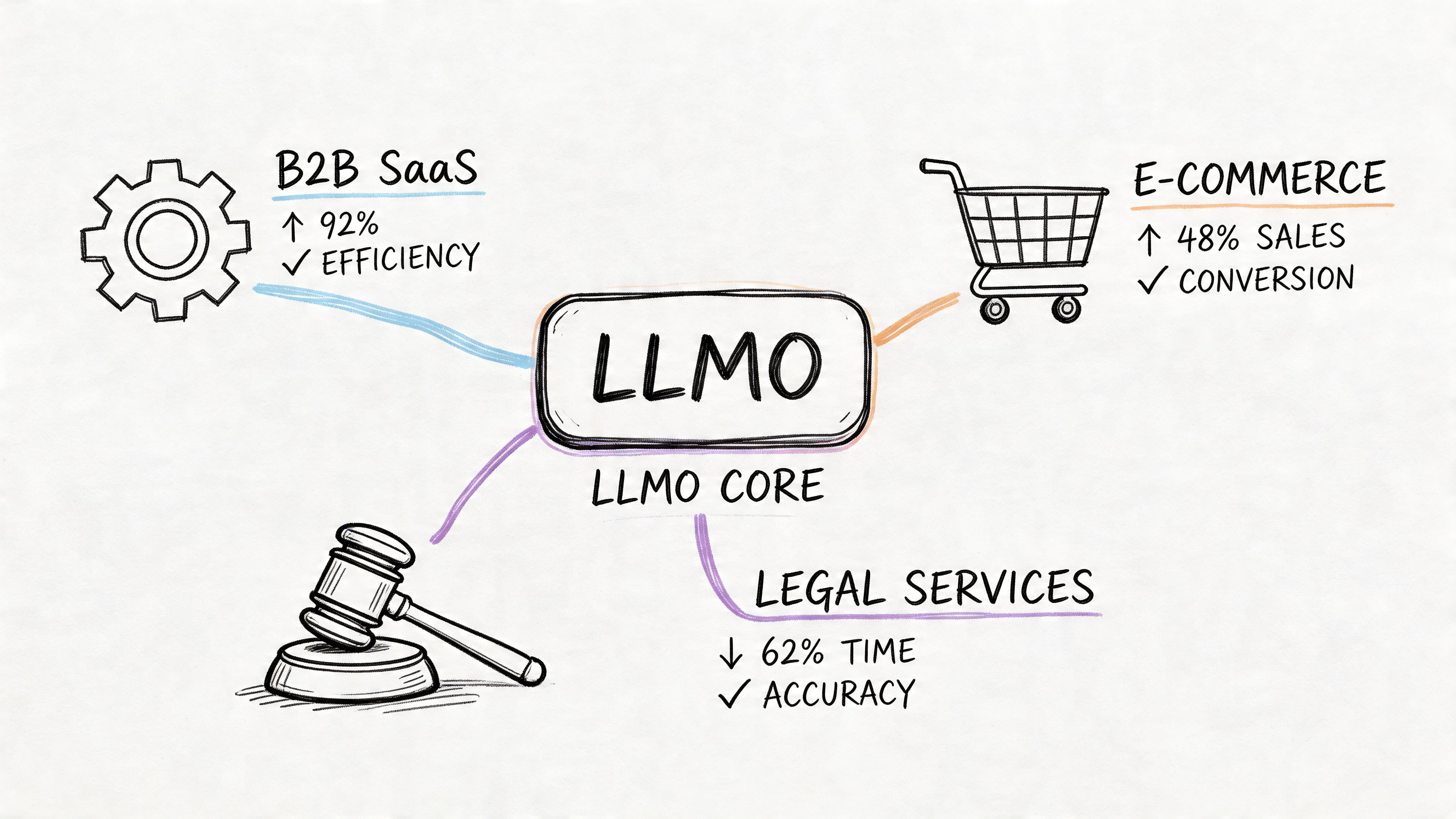 A diagram illustrating the core benefits of LLMO for B2B SaaS, e-commerce, and legal services sectors.