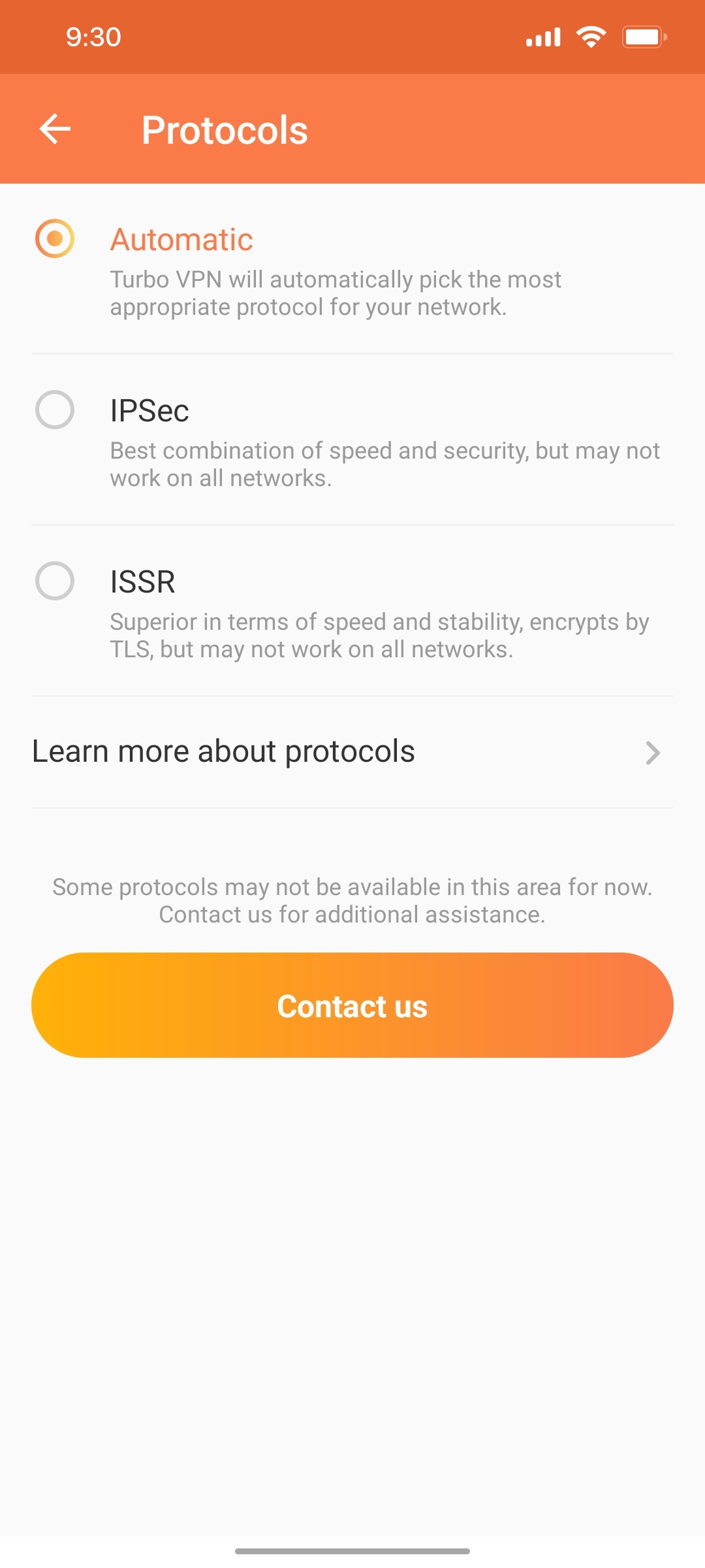 turbo vpn Protocols screen