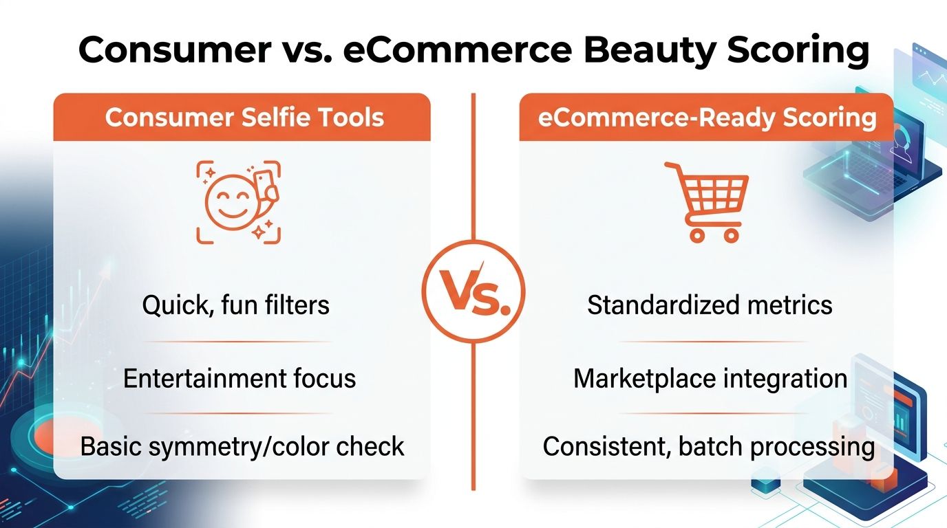 A comparison chart showing differences between consumer selfie tools and professional eCommerce-ready beauty scoring solutions.