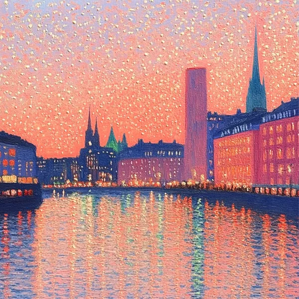 Oil painting of Stockholm City in Dawn
