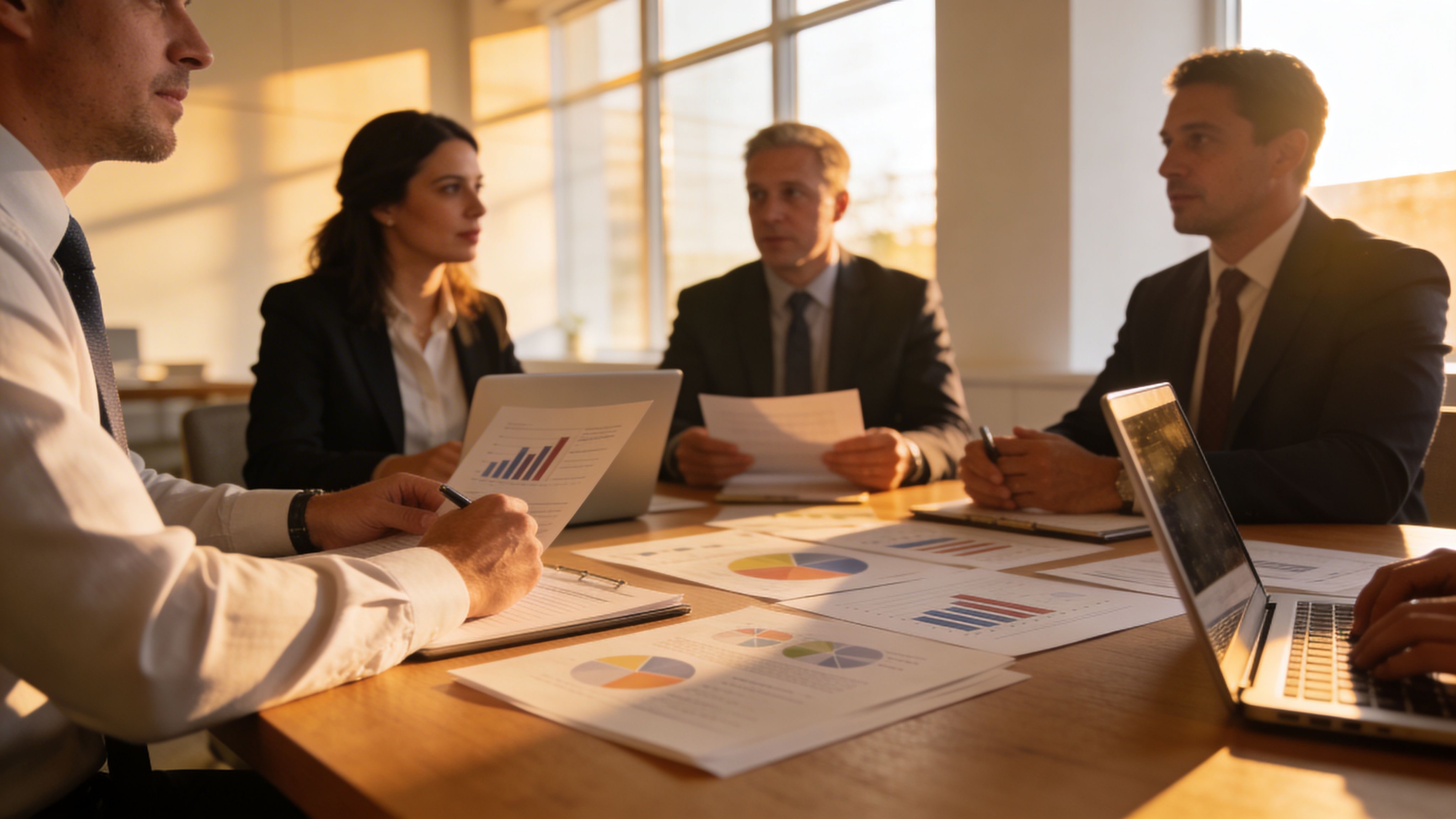 Business professionals reviewing financial reports and charts during a meeting in a sunlit office