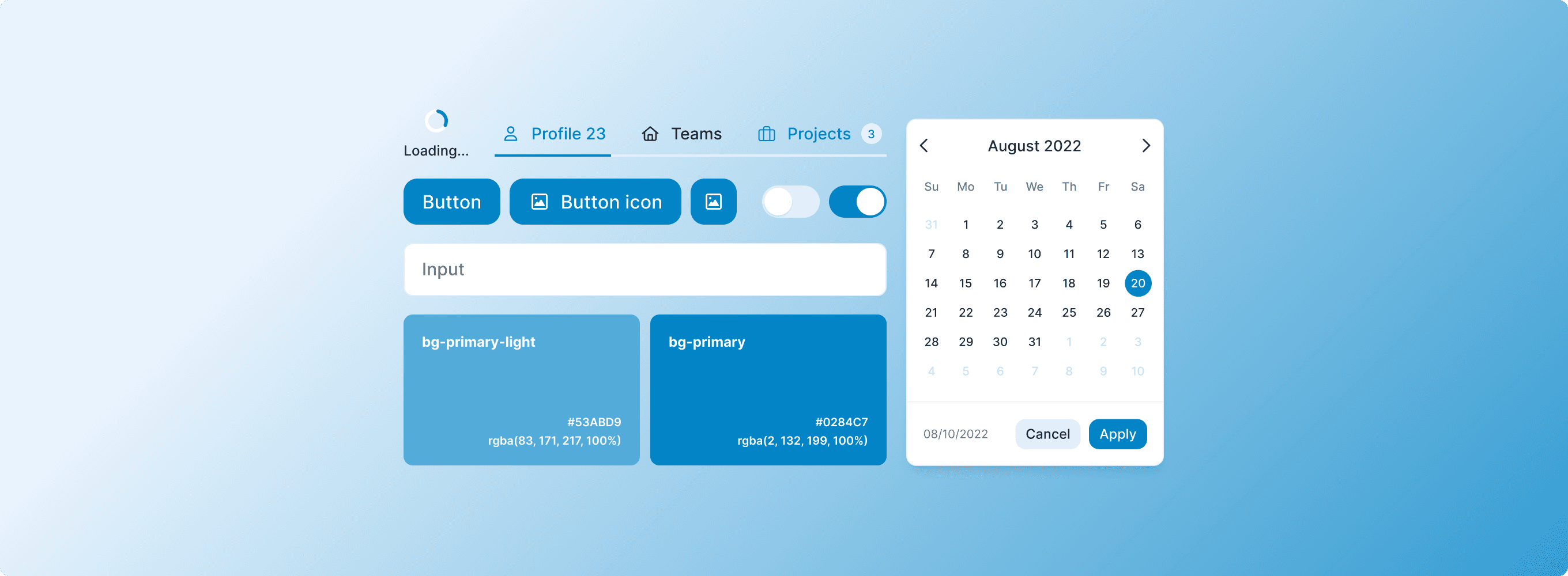 Aico design system components including tab navigation, button variants, toggle switches, an input field, two primary color swatches with hex and RGBA values, and a date picker modal showing August 2022