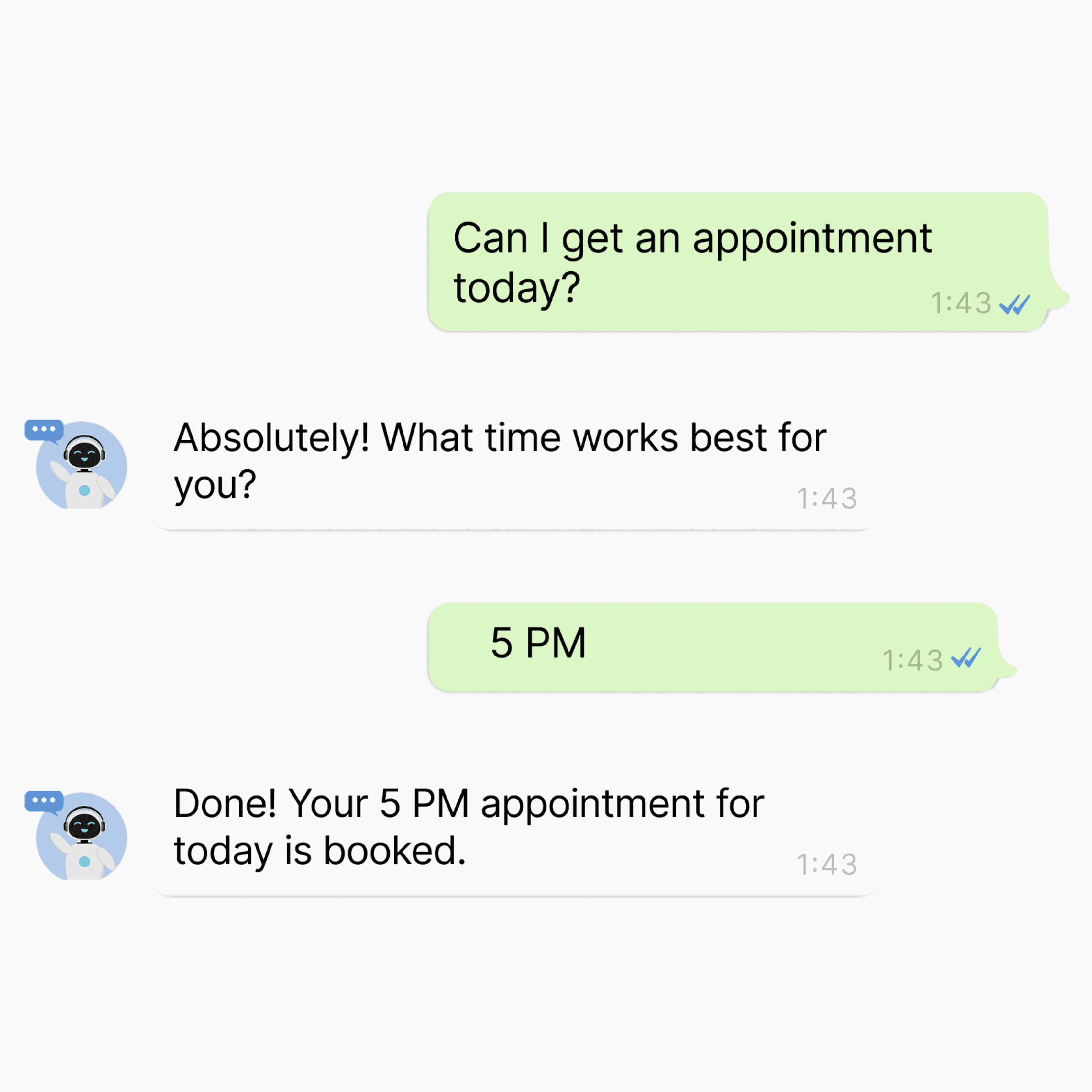 WhatsApp AI agent example showing automated appointment booking flow.