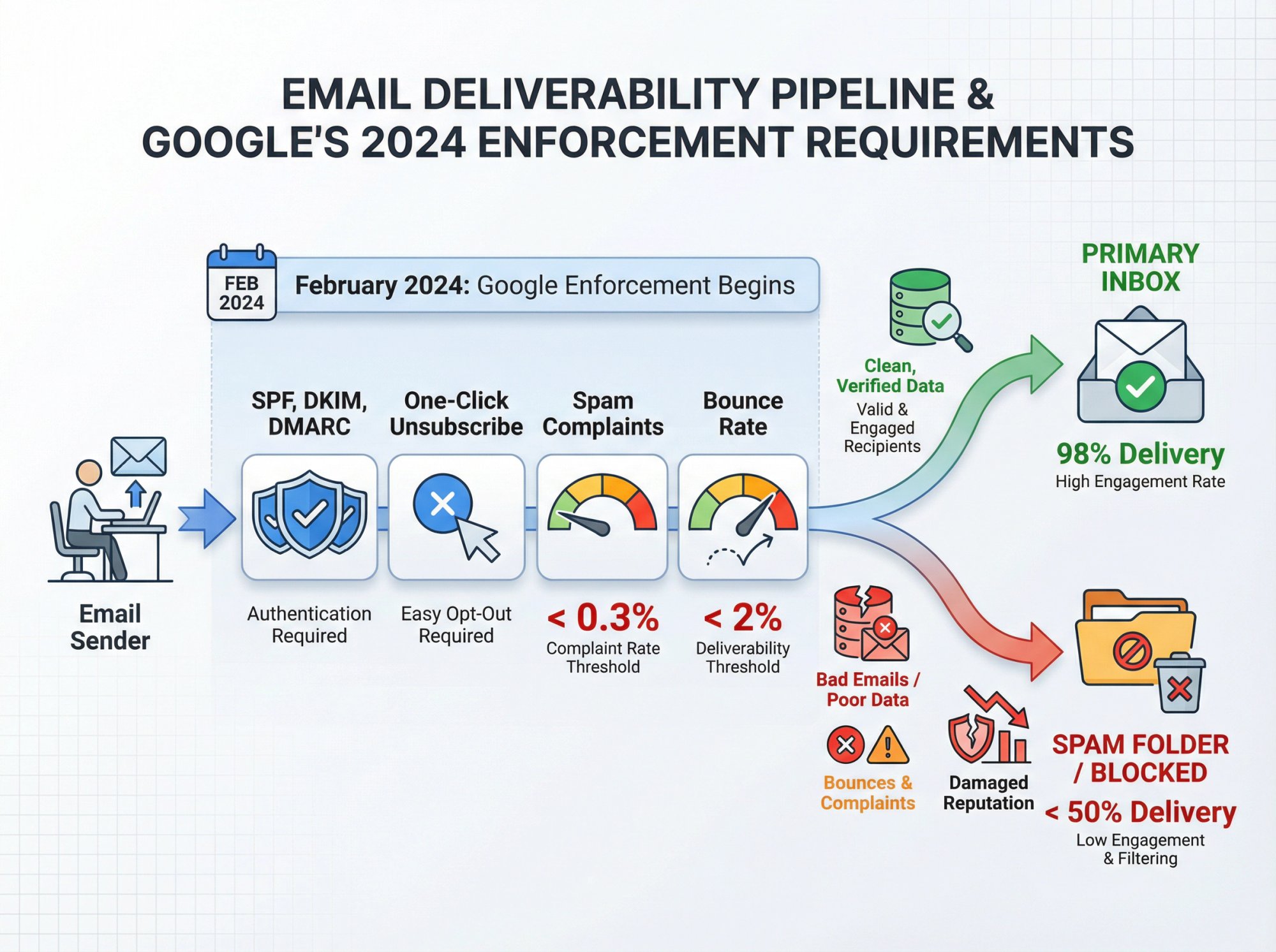 Email deliverability pipeline showing Google's 2024 requirements as checkpoint gates between sender and inbox