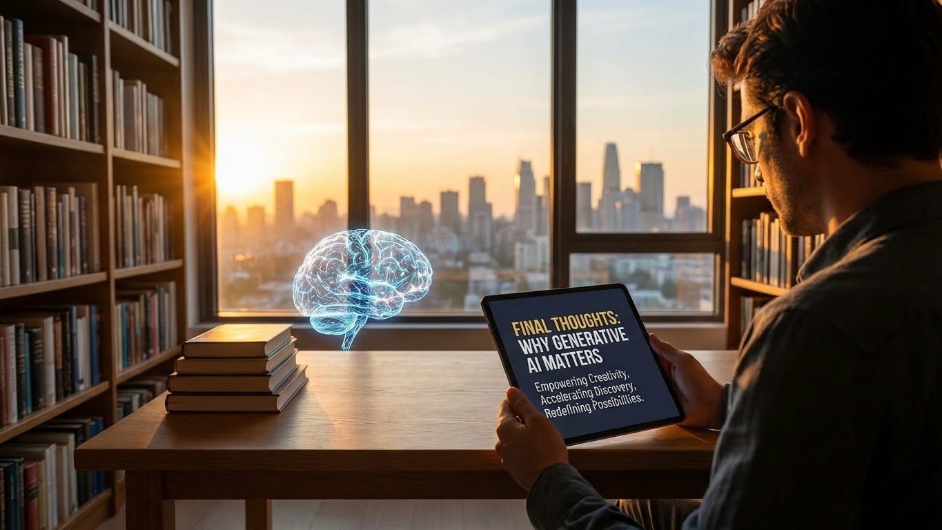 Why generative AI matters showing a person reflecting on the impact of generative artificial intelligence on creativity, innovation, and future possibilities