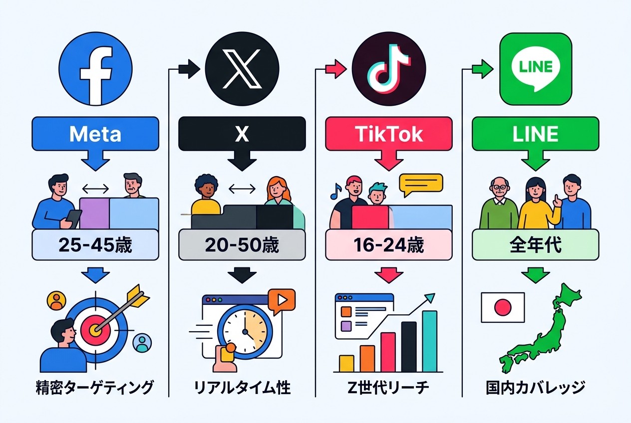 主要SNS広告プラットフォームの特徴とターゲット年代比較
