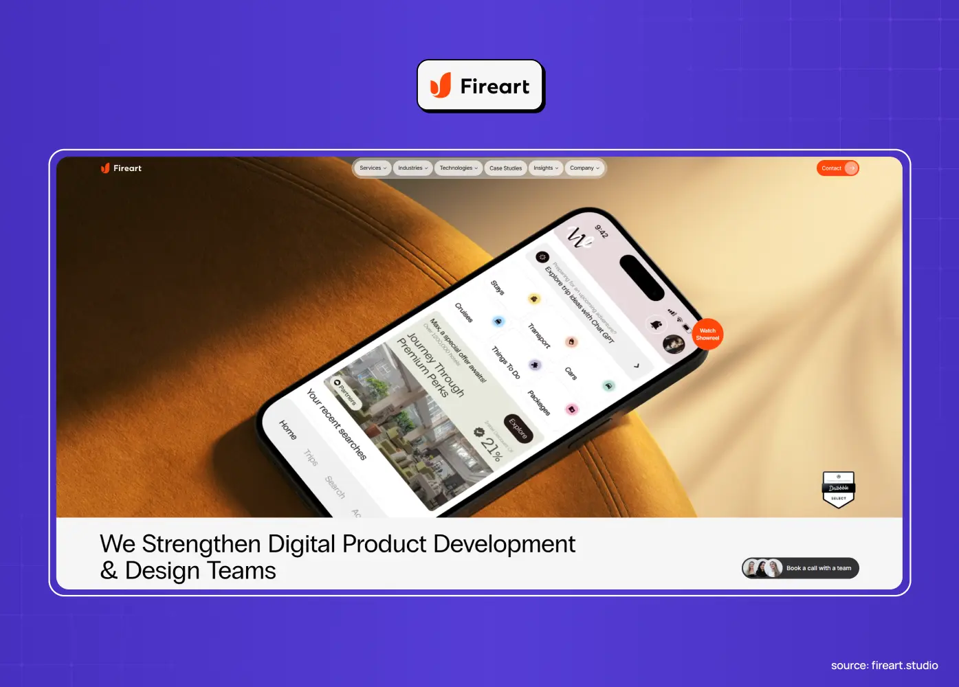 Fireart website featuring a smartphone product mockup on a warm abstract background and the headline “We Strengthen Digital Product Development & Design Teams.”