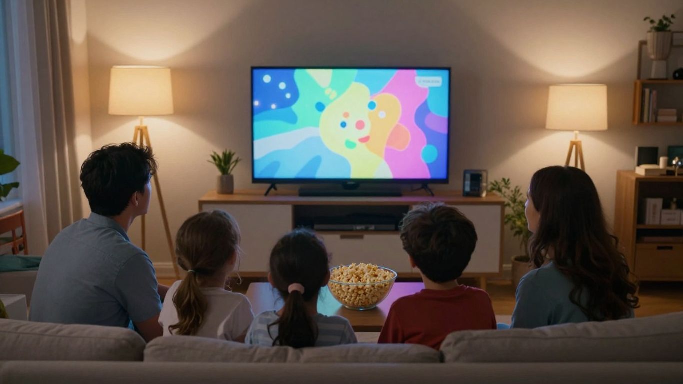 Family watching an animated adventure film