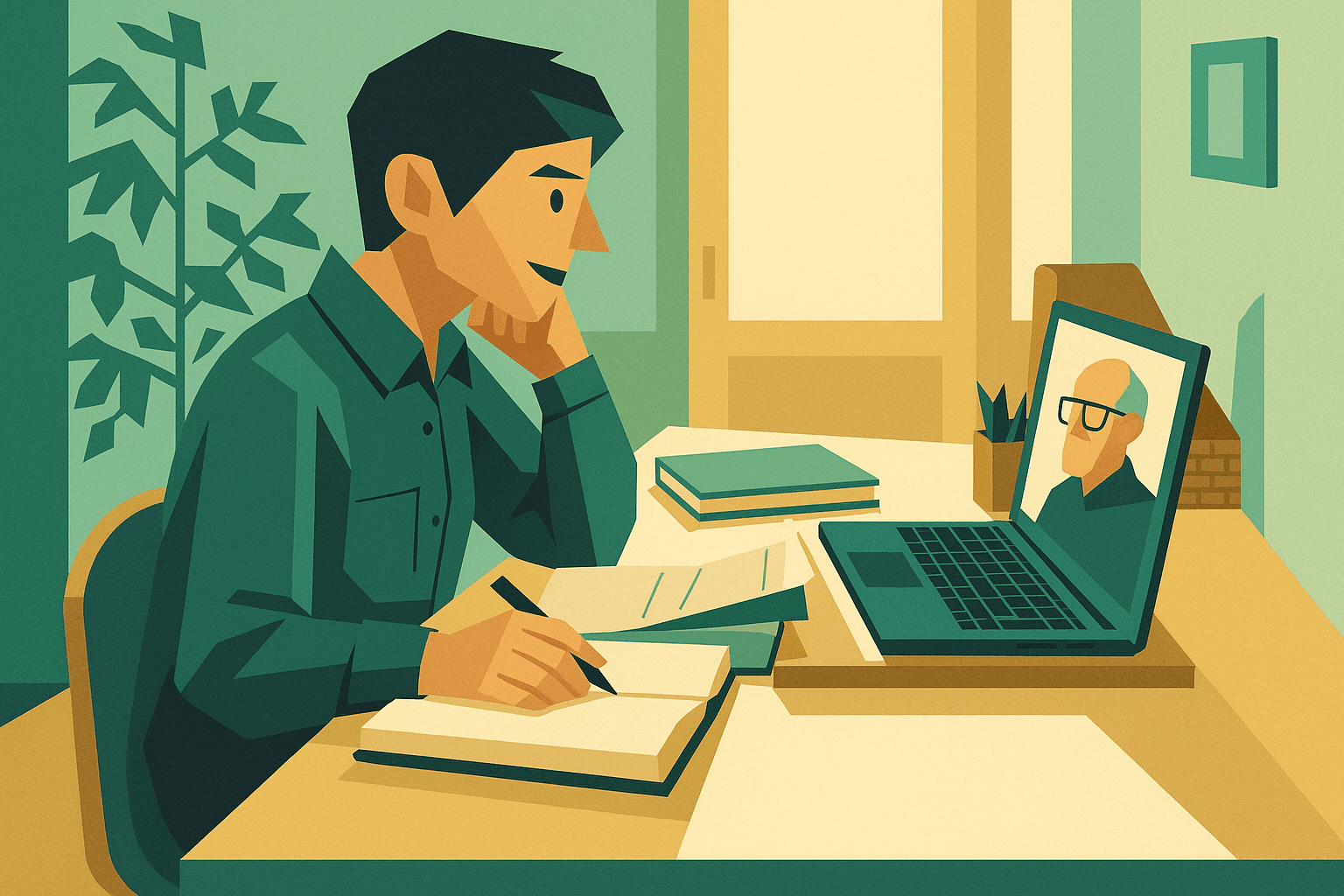 Donna con capelli corti sorridente durante una videochiamata di lavoro, seduta alla scrivania con laptop, quaderno e documenti, in un ambiente luminoso e accogliente.