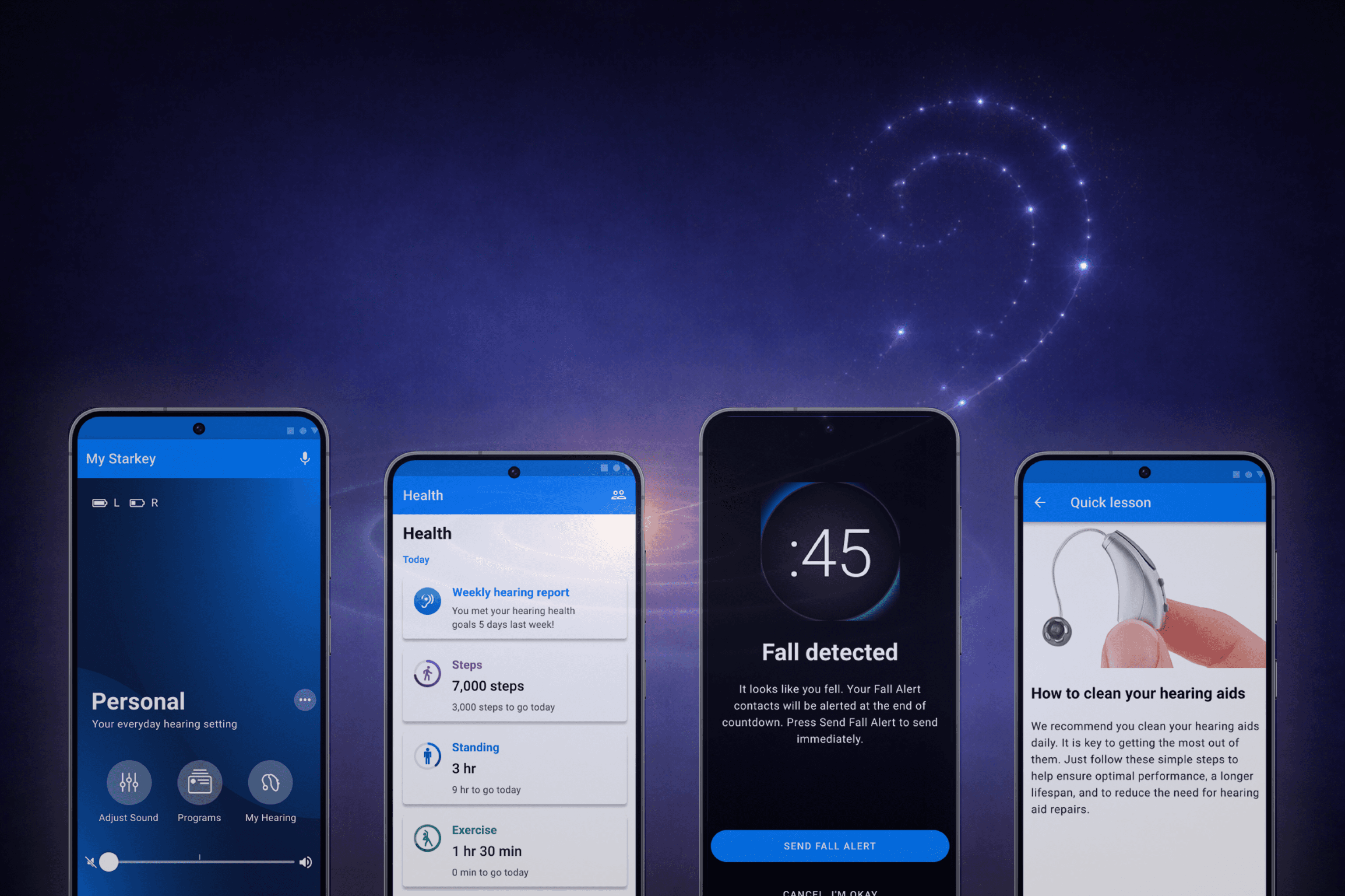 Four smartphone screens on a dark blue gradient background with a faint constellation-shaped ear in the upper right, showing key app features: a My Starkey control dashboard, a Health summary with activity and hearing report, a “Fall detected” alert countdown, and a “Quick lesson” article on cleaning hearing aids.