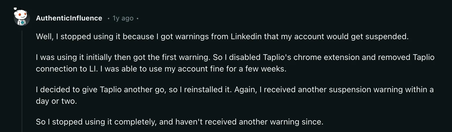 Reddit user saying Taplio chrome extension resulted in LinkedIn restriction