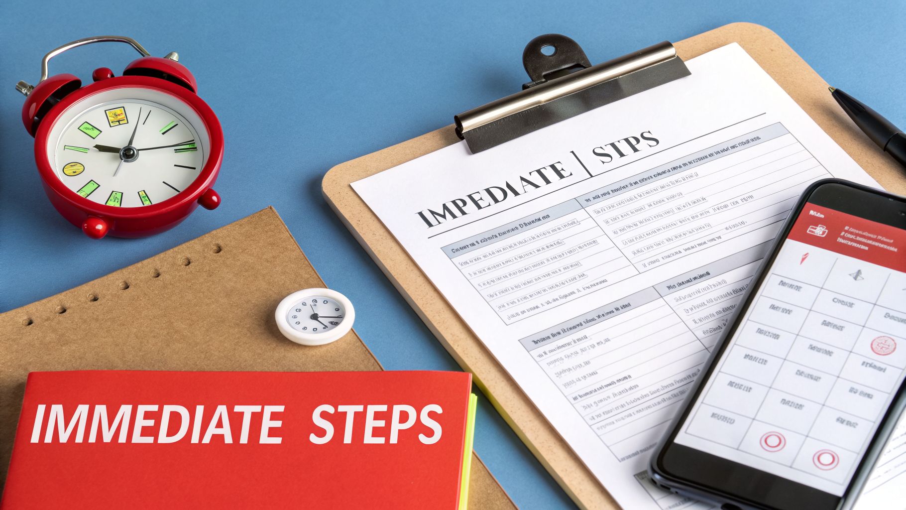 A desk scene with an alarm clock, 'Immediate Steps' book, clipboard, and smartphone on a blue surface.