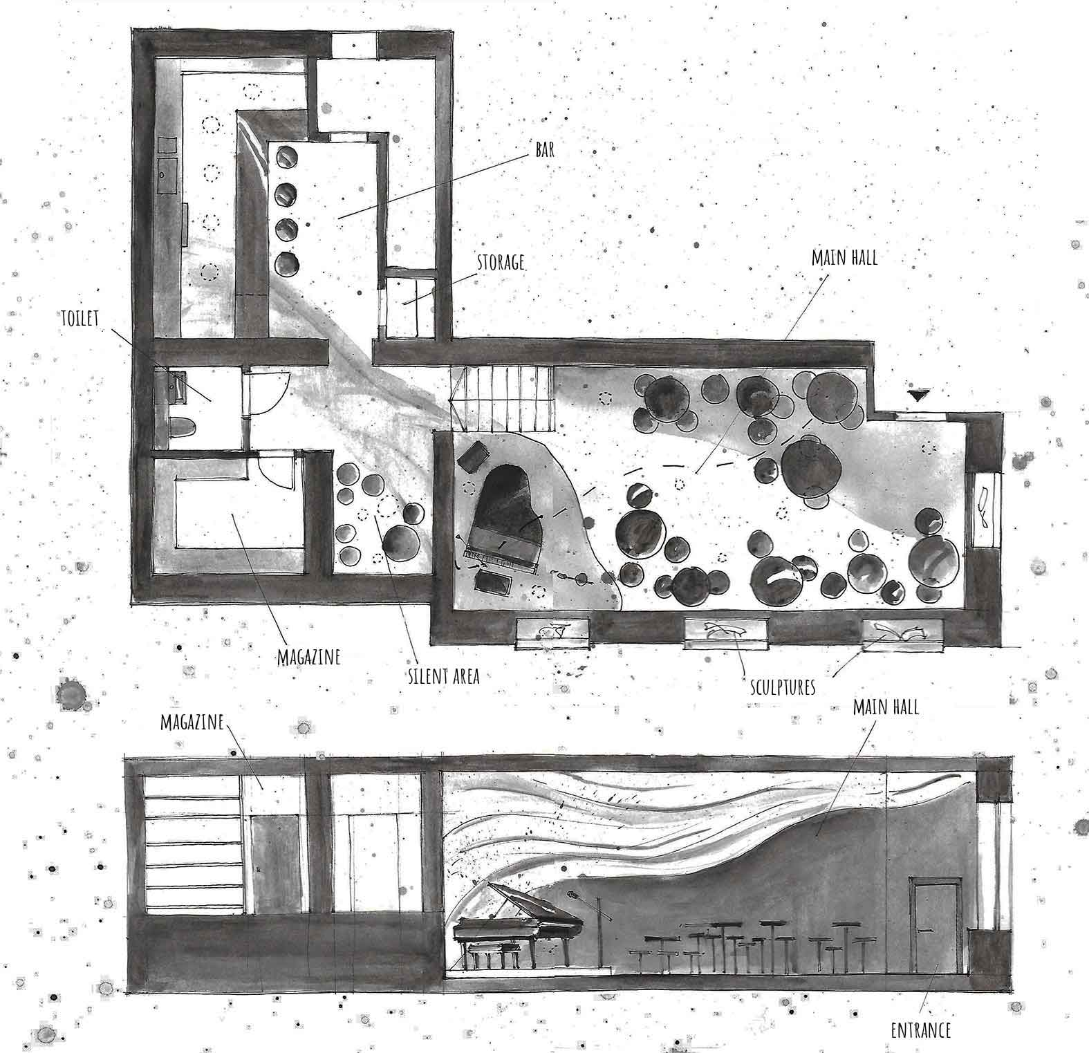 A modern, minimalist interior with wooden flooring, large windows, and a few plants giving a bright, airy feel.