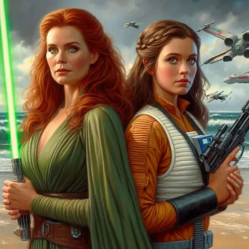 Fan Art of Mara Jade with a green lightsaber next to Jaina Solo in a starfighter uniform