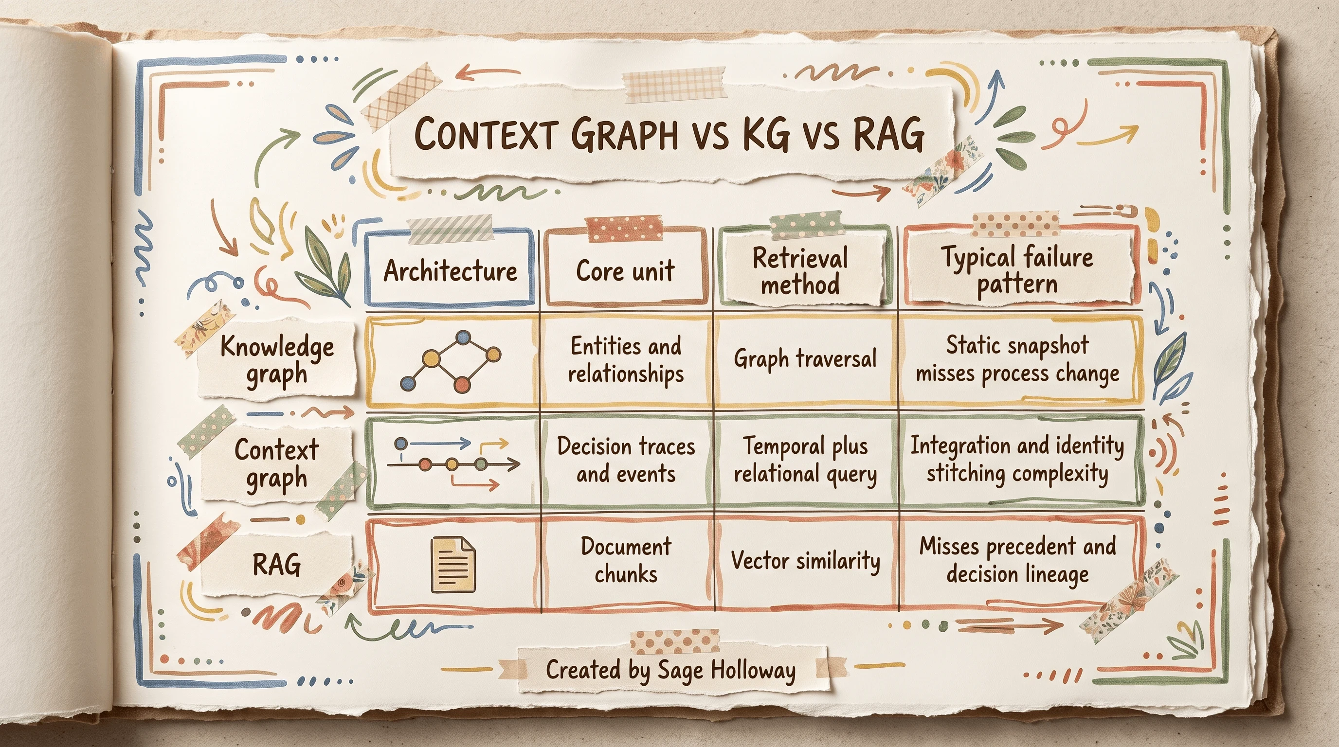 Comparison table of context graphs, knowledge graphs, and RAG by core unit, retrieval method, and failure pattern
