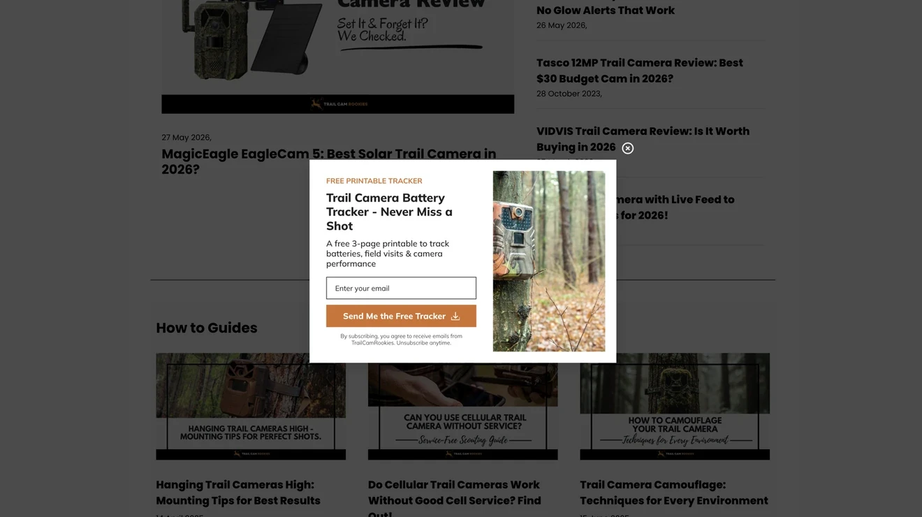 Trail Cam Rookies lead magnet email opt-in form offering a free trail camera battery tracker
