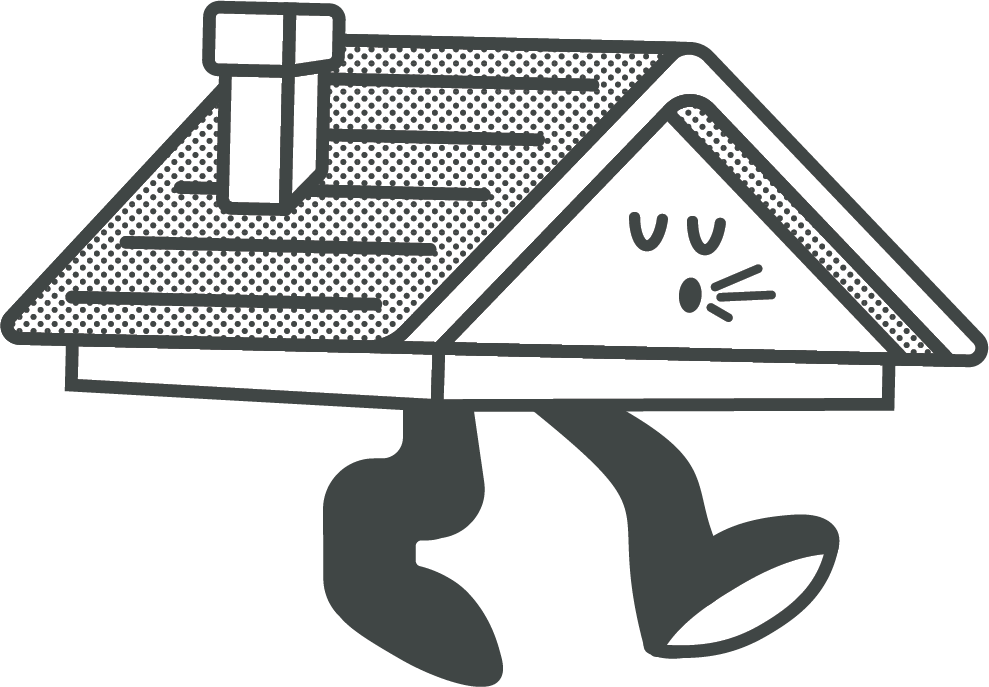 Simple line drawing of a house with a chimney and a sloped roof, walking on two legs towards the right.