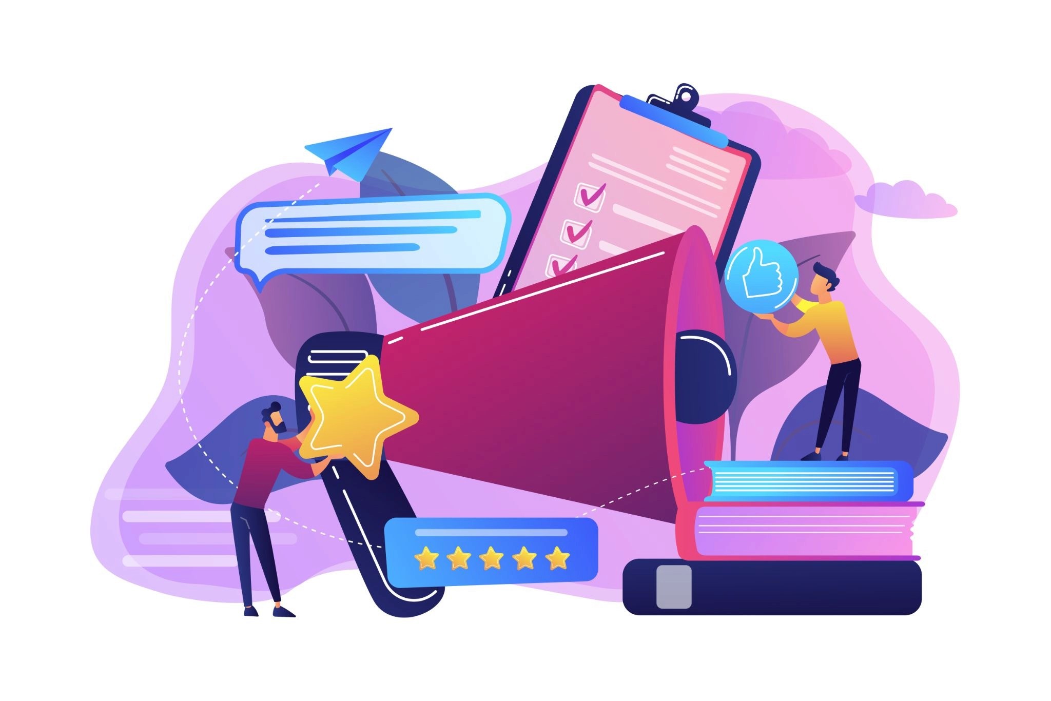 Flat illustration of marketers amplifying a campaign with star ratings, likes, and a checklist