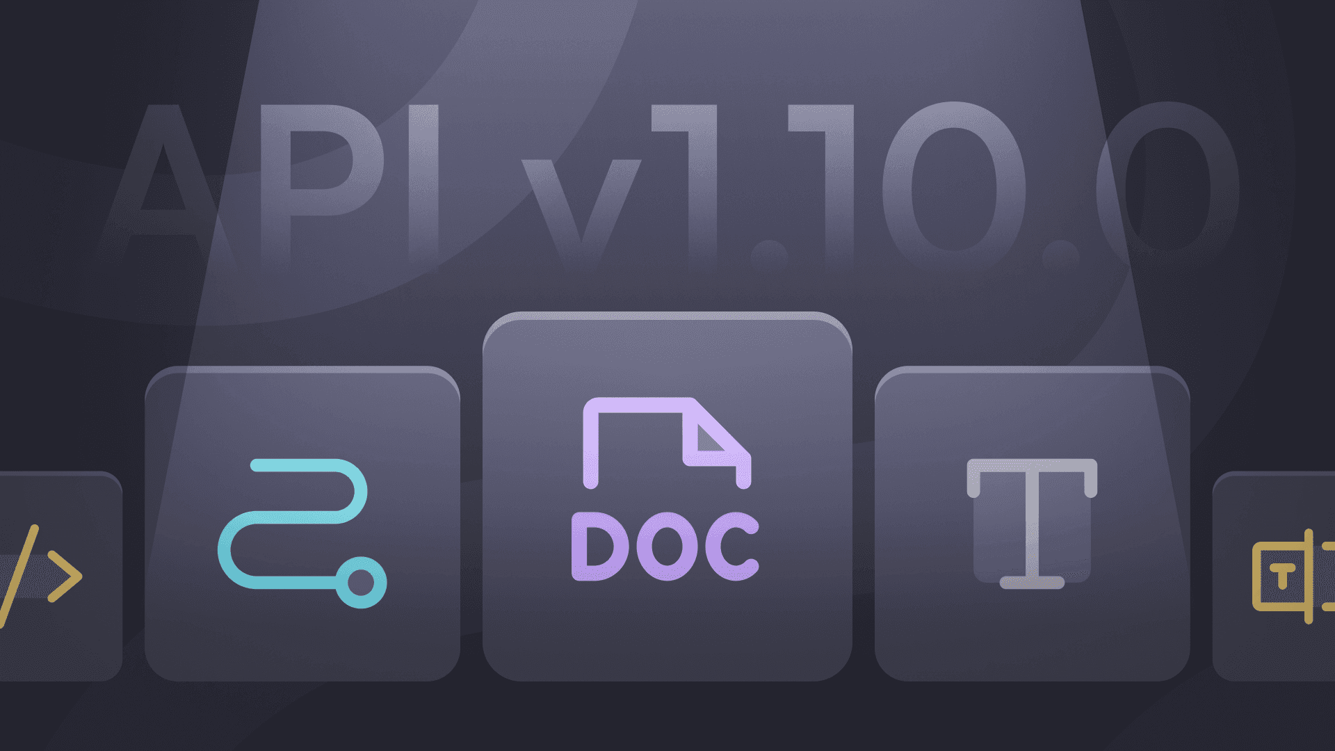 Icons on a dark background represent a user interface for API v1.10.0. Center icon is a document labeled "DOC", with adjacent symbols for coding and text.