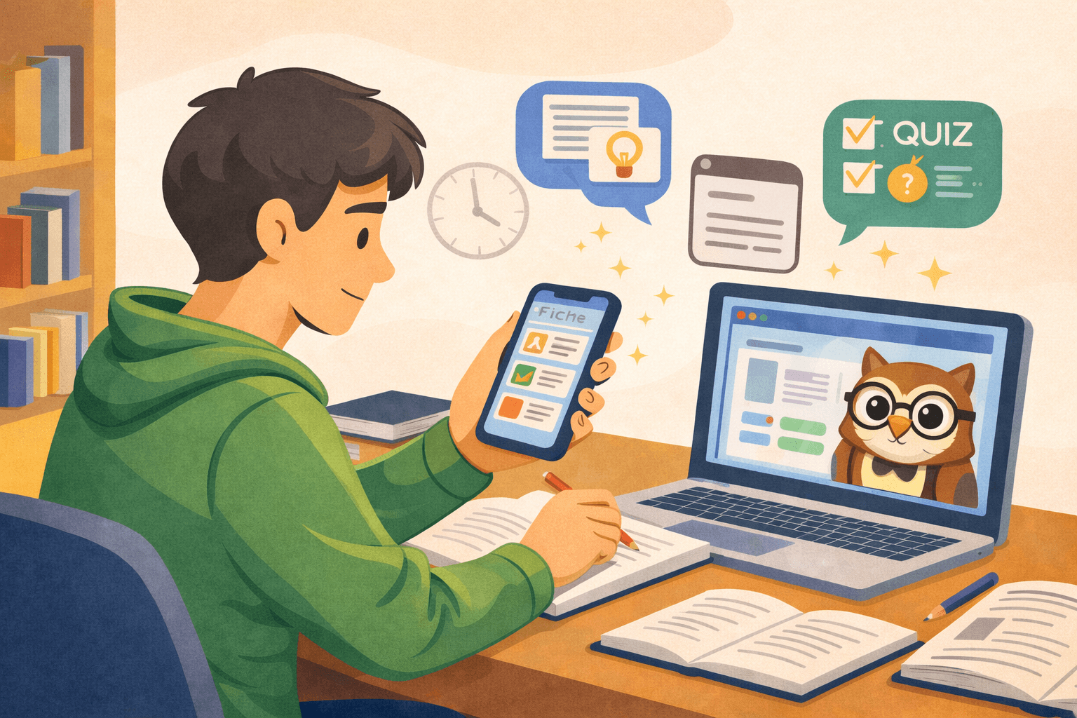 Illustration d’une étudiante sur ordinateur portable utilisant des applications comme Evernote, Notion, Scrivener, Cite This For Me et Koro AI, pour l’article Top 5 applis à connaître pour les étudiants de lettres.