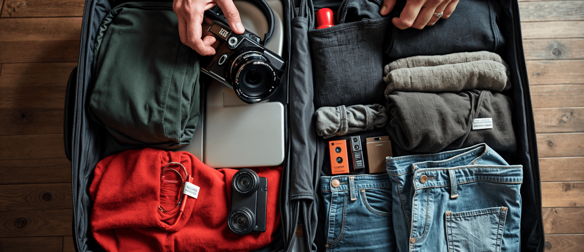 alt="Open suitcase packed with travel essentials."