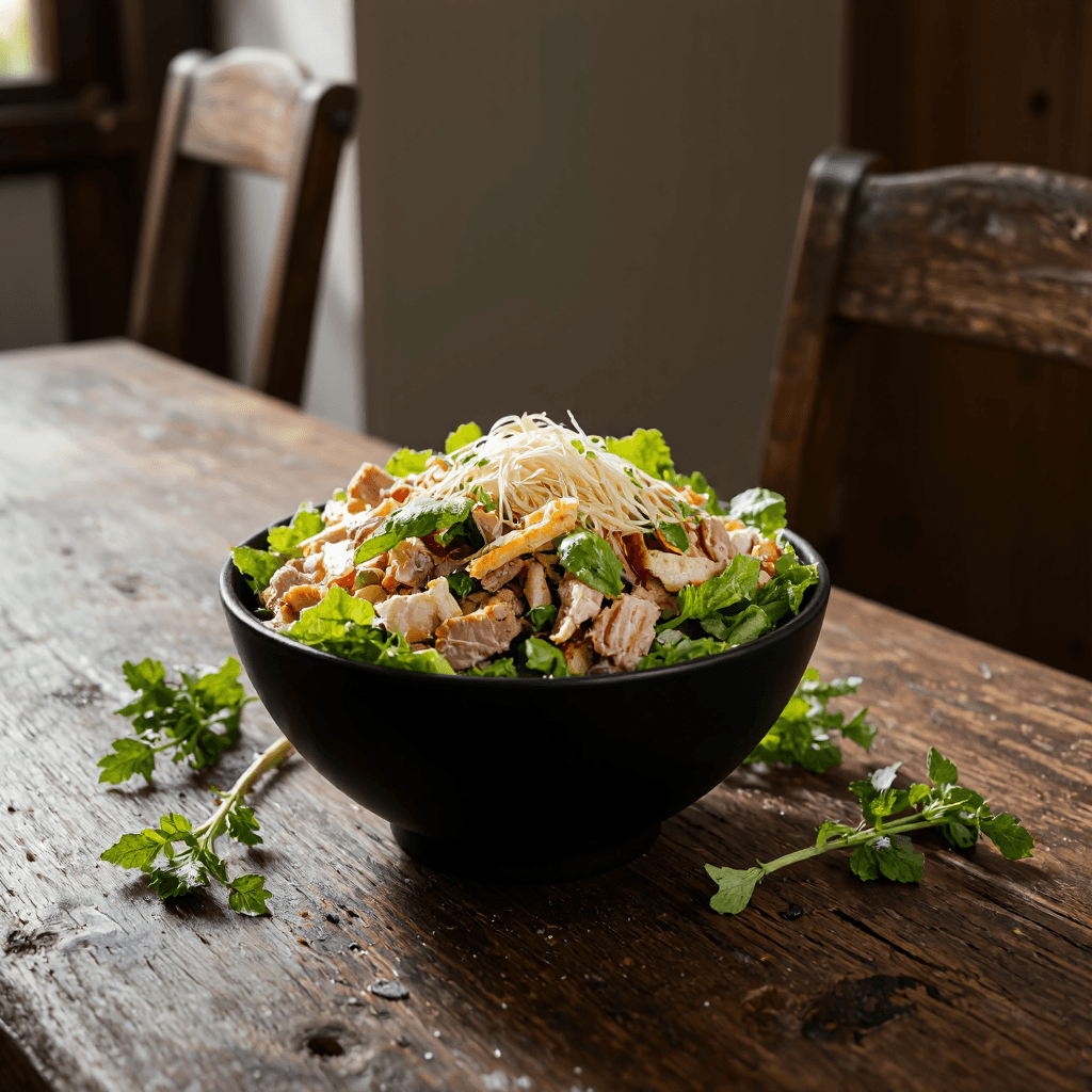 product photography of a bowl of mixed salad with meat and vegetables