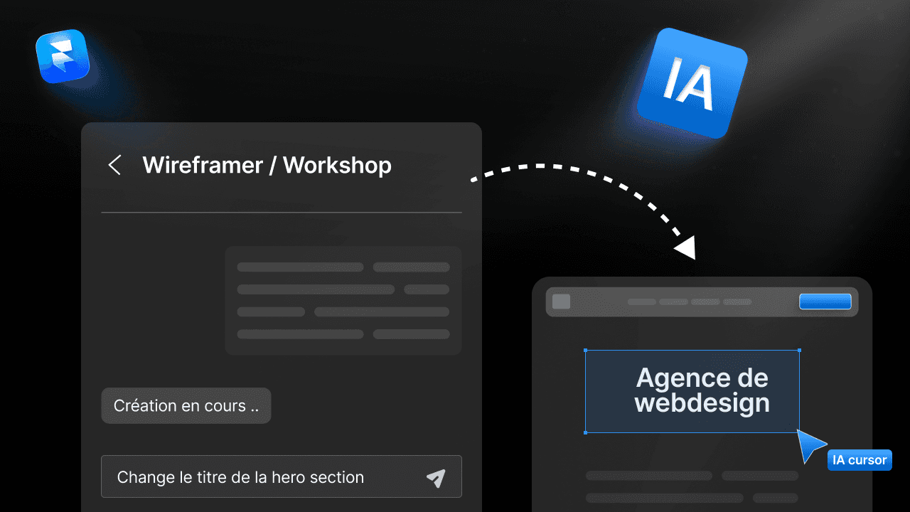 Interface Wireframer et Workshop dans Framer avec curseur IA