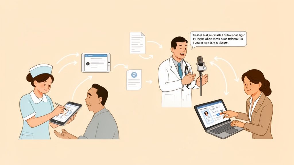 A nurse, doctor, and administrator collaborate using digital devices for efficient healthcare document management.