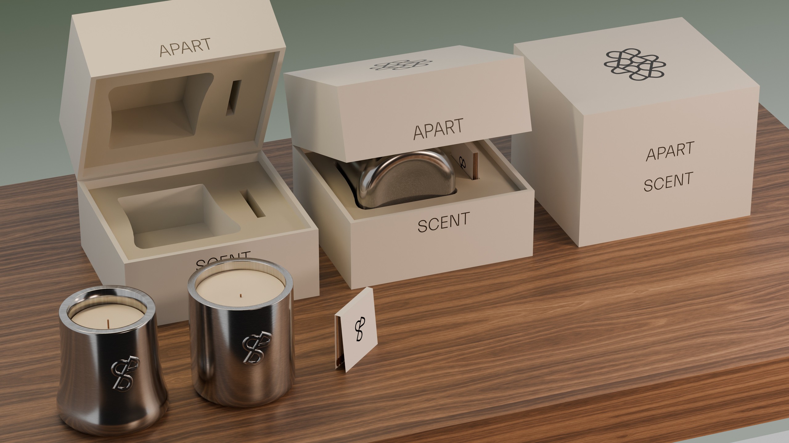 Apart Scent candle concept with metal vessels, fitted boxes and a matchbook