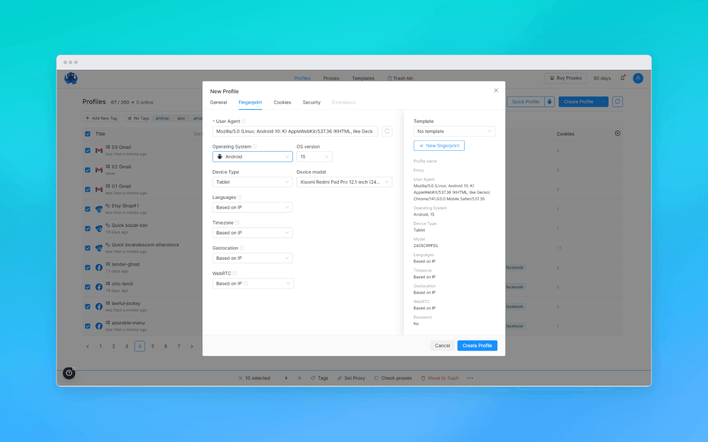 Profile settings in Octo Browser
