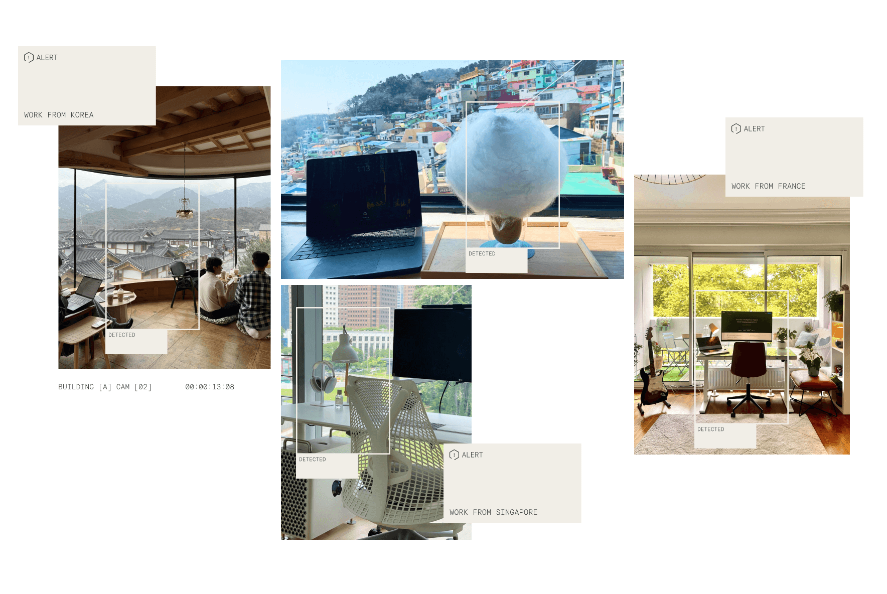 A collage of diverse remote workspaces, including a traditional Korean balcony, a modern home office, and a scenic outdoor desk view.
