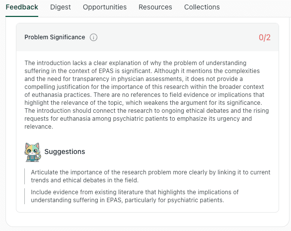 AI feedback flagging an introduction for lacking a clear explanation of the problem's significance within the broader context of euthanasia practices