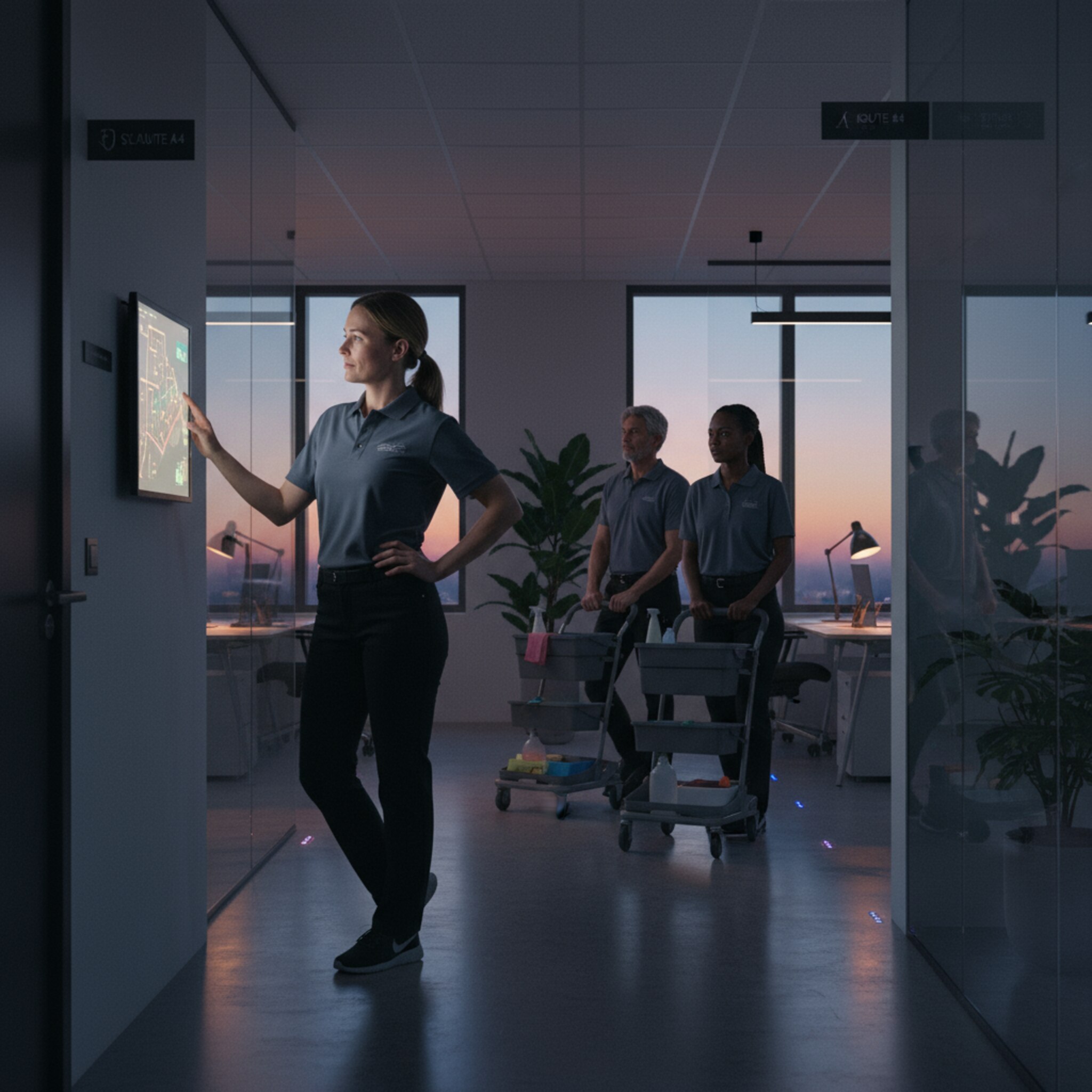 Nach Feierabend fährt ein Reinigungsteam lautlos durch eine Etage. Nur belegte Bereiche sind markiert und vorbereitet, während ungenutzte Räume dunkel bleiben. Ein Mitarbeiter startet geordnet die nächste Route. Die Szene vermittelt Effizienz, bedarfsorientierte Abläufe und transparente Prioritäten.