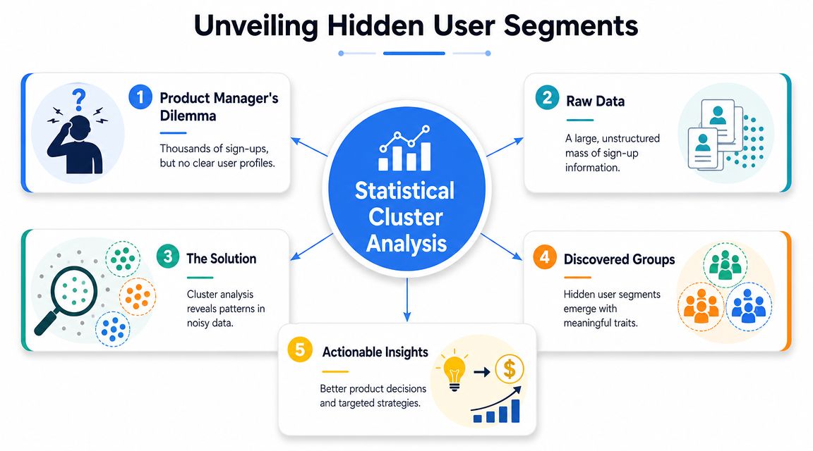 A diagram illustrating the five steps of statistical cluster analysis for unveiling hidden user segments in data.