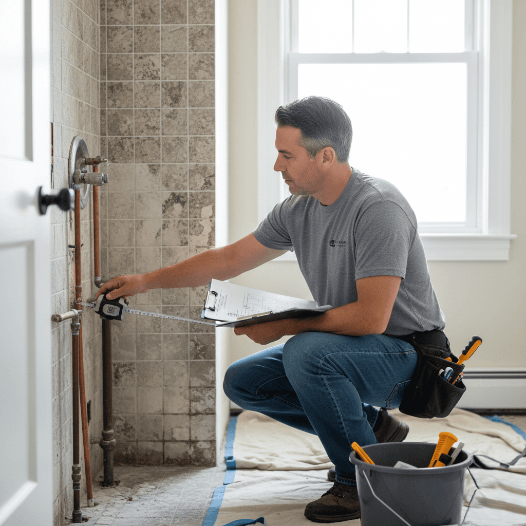 PEI Builder's team measuring a space in a bathroom during a remodel job.