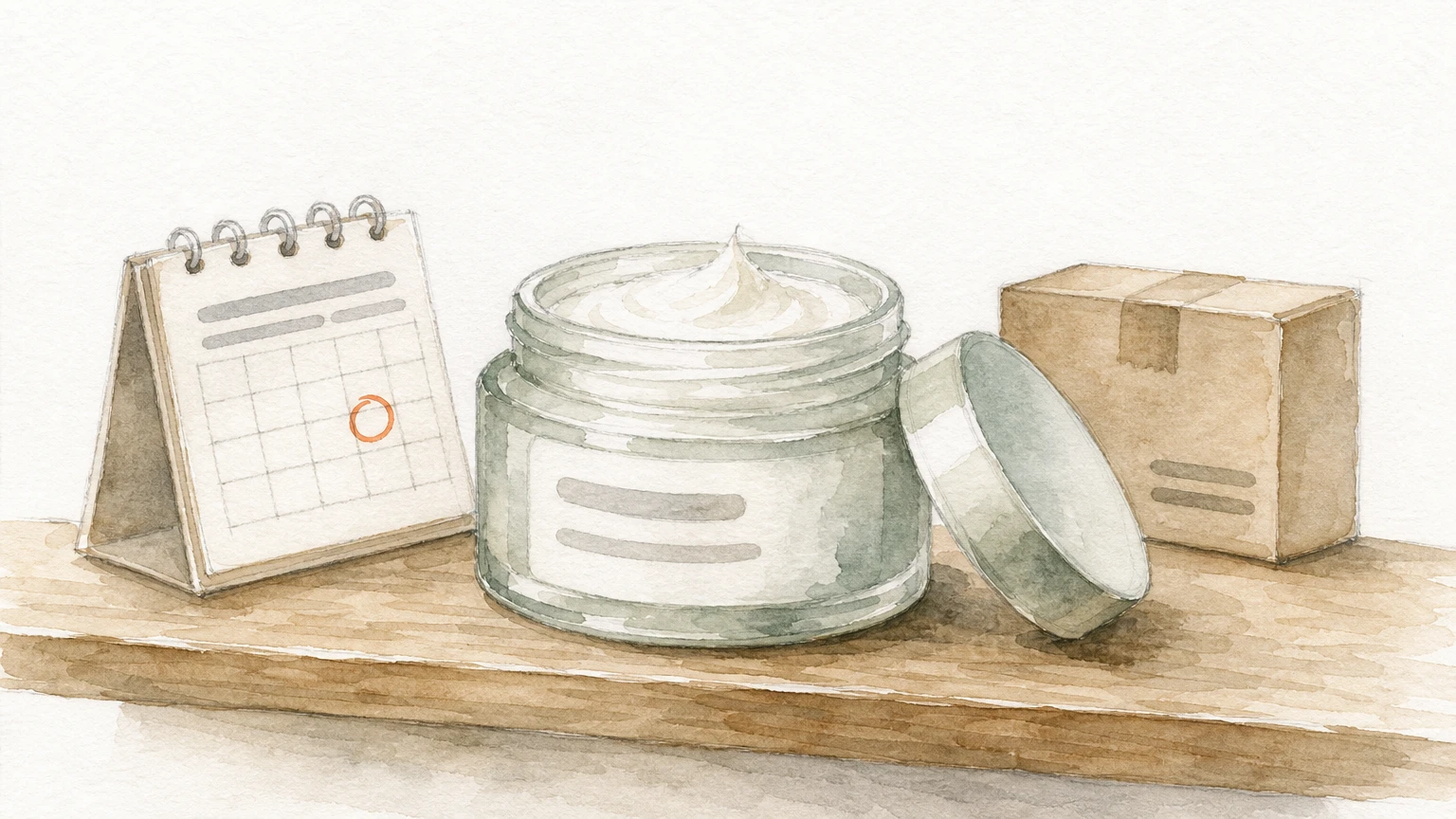 A moisturizer jar next to a calendar with a circled date and a shipping box.