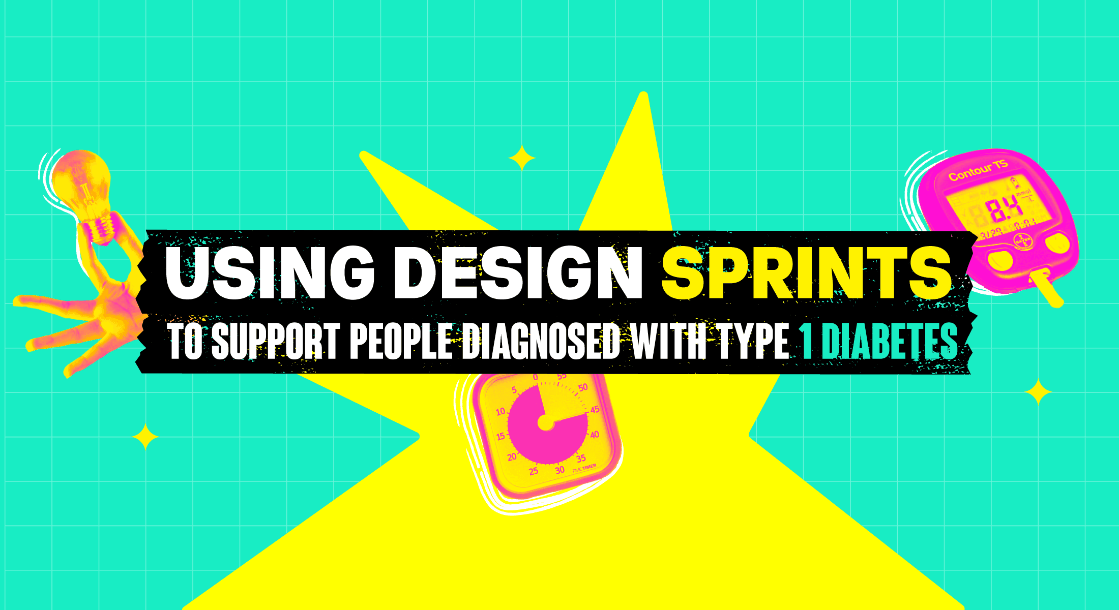 Wide teal banner with lightbulb, timer, and blood glucose meter for Design Sprints and type 1 diabetes support