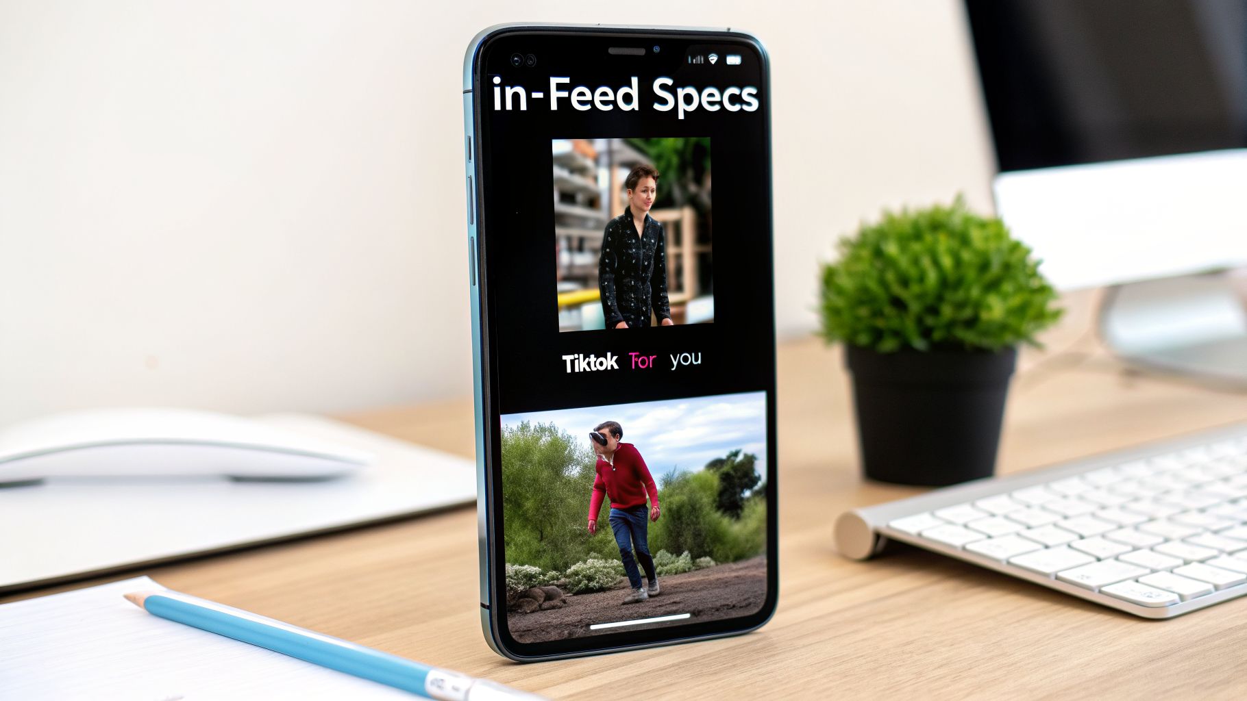 A smartphone on a wooden desk displays 'in-Feed Specs' and TikTok videos, with office accessories nearby.
