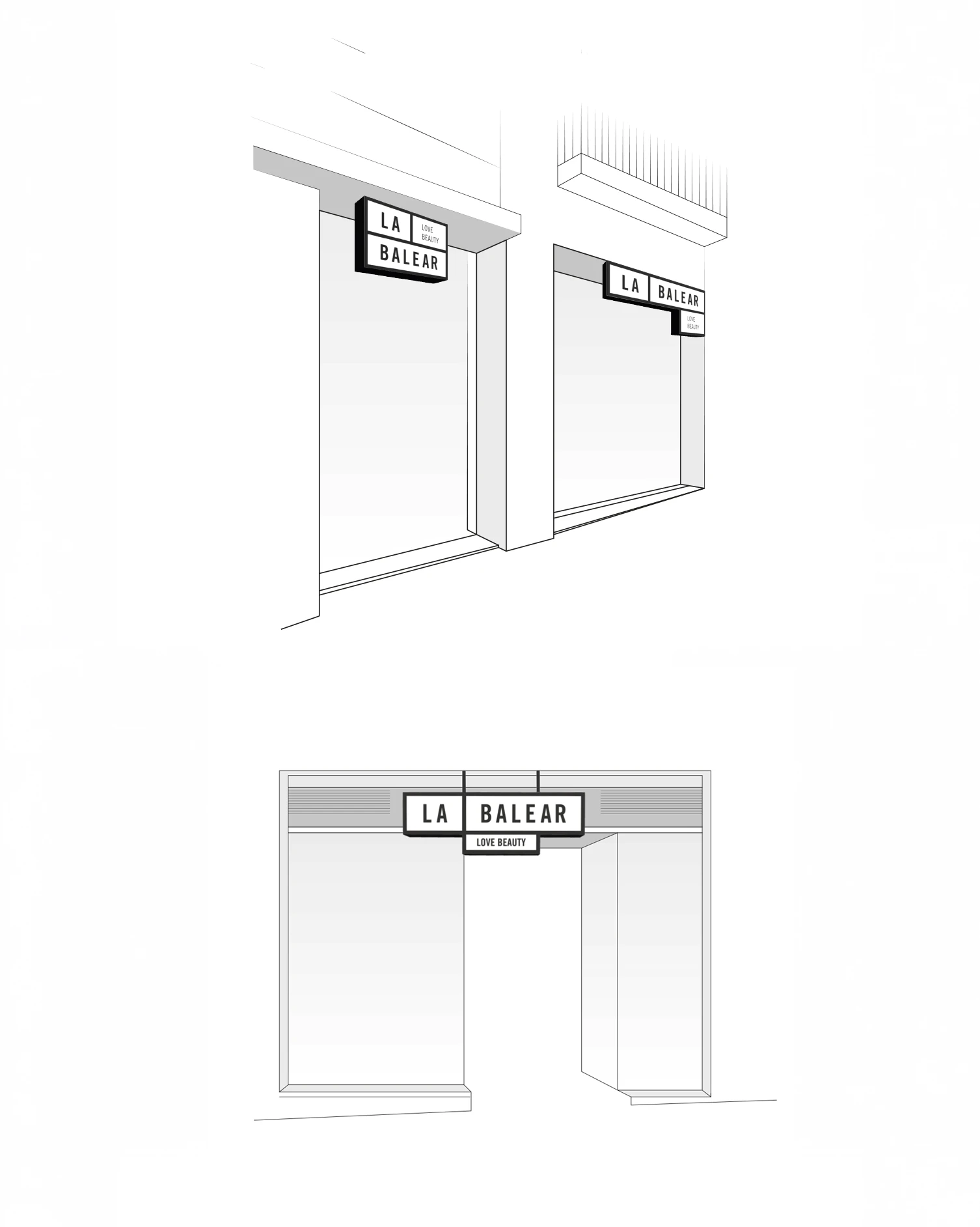 Line drawing of La Balear storefront signage, brand identity design by Sebastian Saavedra