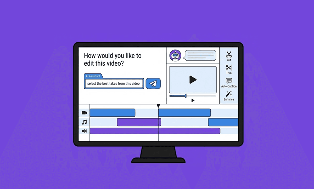 Video editing interface with an AI assistant prompt generating a rough cut timeline automatically in Premiere Pro.